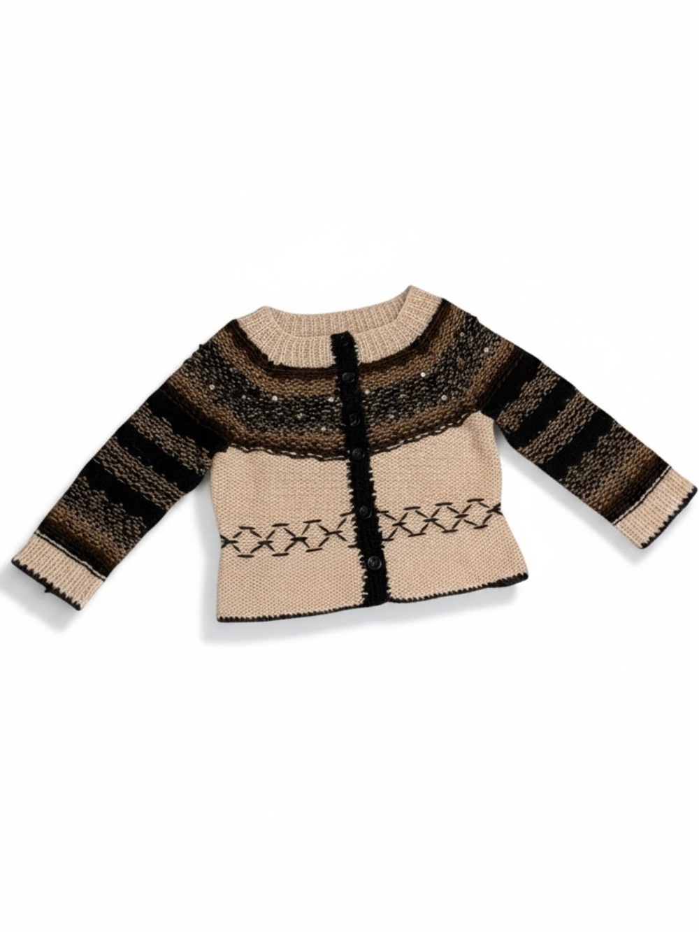 MOSCHINO Alpaca Wooo Knit Cardigan Sweater 2/3 Cropped Sleeve Brown Cream 6 S XS